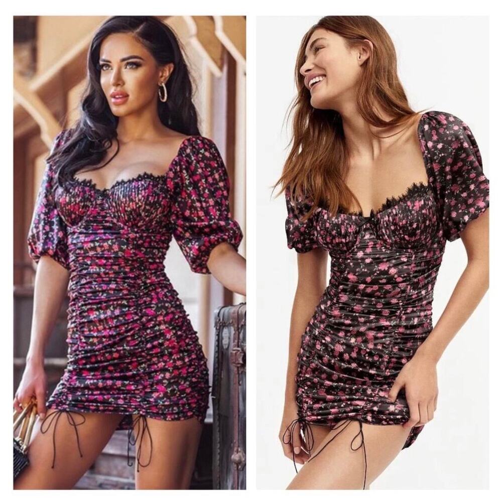 For Love and Lemons Melrose Mini Dress Small Floral Puff Sleeve Ruched Vday